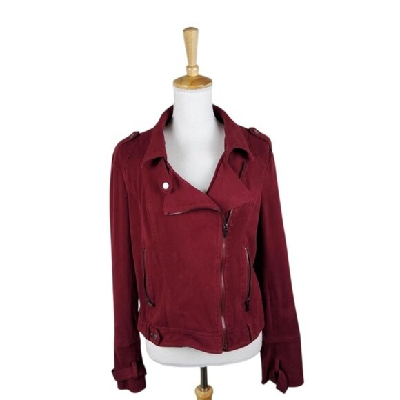 BCNI by Blanc Noir Women's Fauz Suede Burgundy Moto Jacket Size Large - Picture 1 of 4